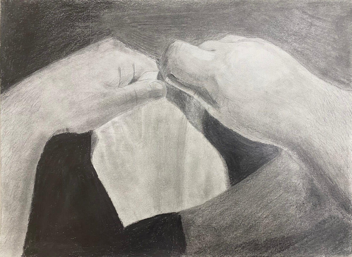 Hands Graphite A graphite drawing of two hands tearing a piece of paper.