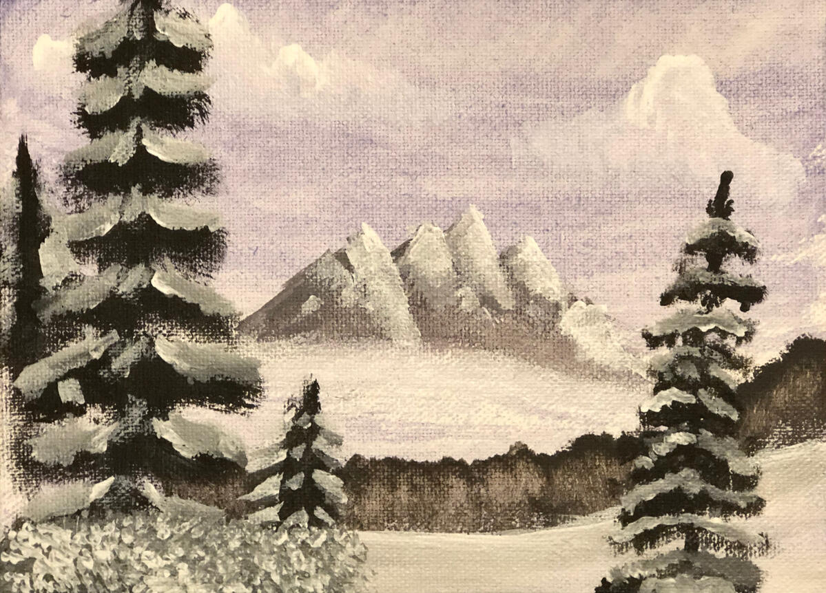 An acrylic painting of a snowy landscape with trees and mountains.